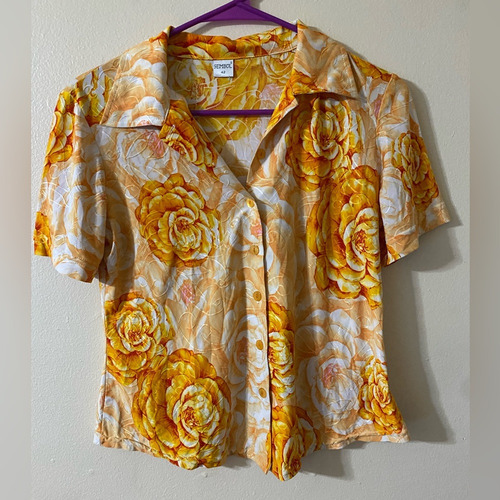Sembol orange floral stretchy button up shirt